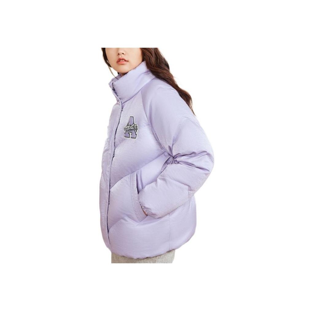 Anta Pattern Printed Zipper Thickened Warm Letter Solid Color Polo Collar Down Jacket Women Outerwear Fresh-Purple 162248903-4