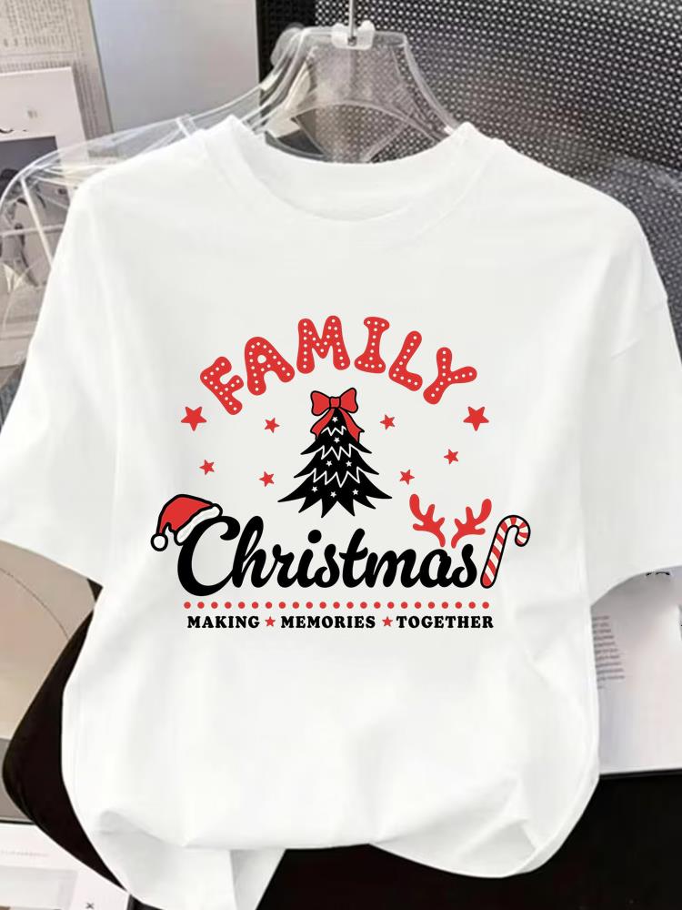 (Asian Size) cartoon Short Sleeve T-shirts Women's Top O-neck T Shirt Print Merry Christmas Fashion Casual New Year Clothing Graphic Tee