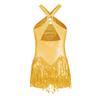 Girls Shiny Sequins Tassel Leotard Cross Front Cutout Back Design Fringed Bodysuit Latin Dance Cha Cha Costume