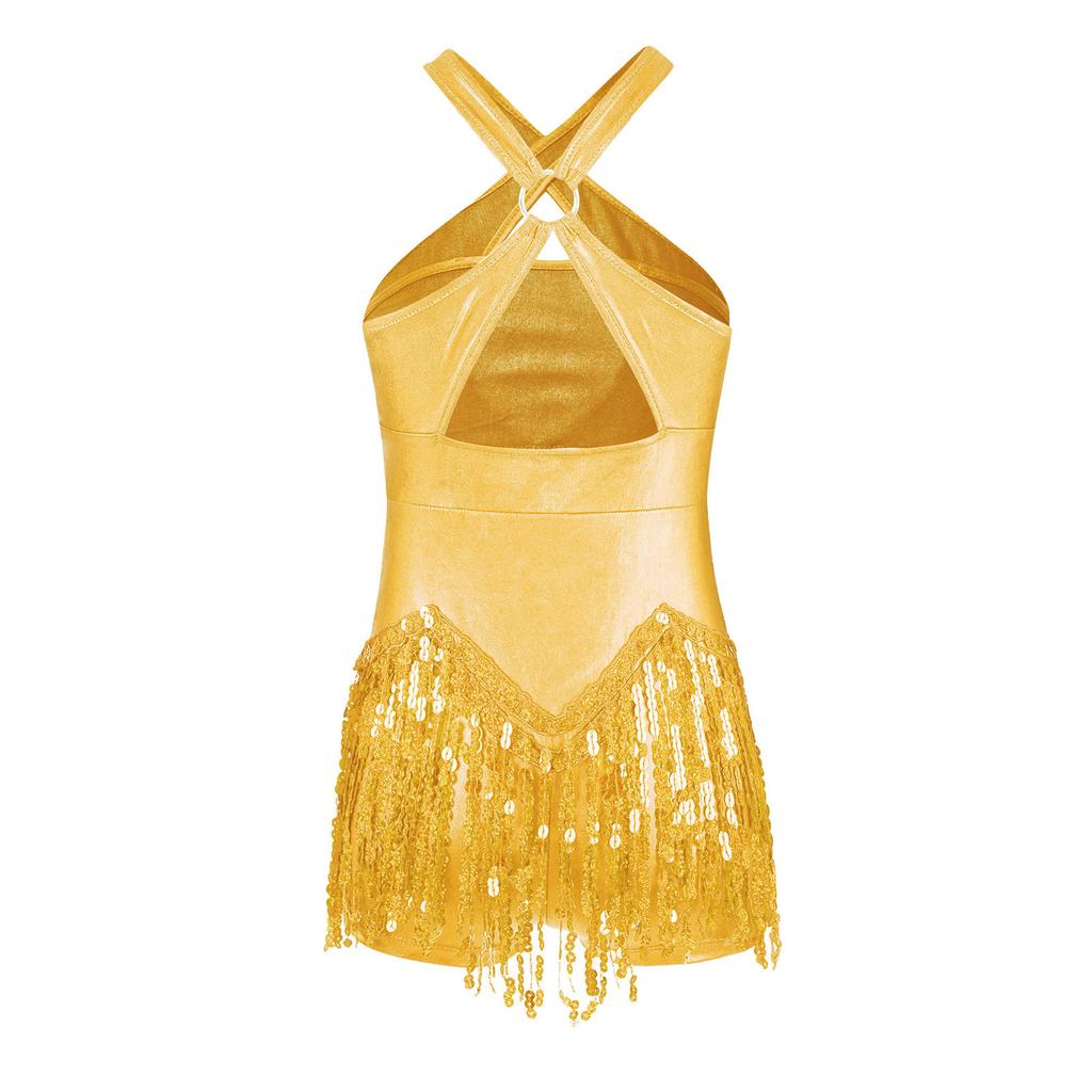 Girls Shiny Sequins Tassel Leotard Cross Front Cutout Back Design Fringed Bodysuit Latin Dance Cha Cha Costume