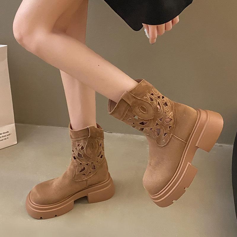 Spice Girl Hollow Western Cowboy Boots Women's 2025 Summer New Embroidered Thick Heel Vintage Maillard Mid-Leg Martin Boots