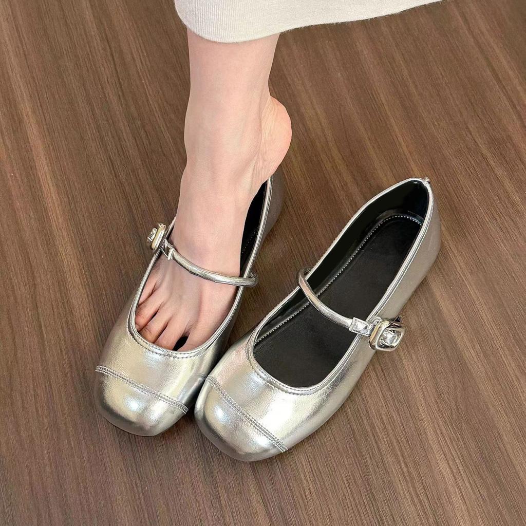 2025 Women's Mary Jane Shoes Square Toe Flat Sole Shallow One Line Buckle Strap Single Shoes Fashion All-match Dress Women Shoes