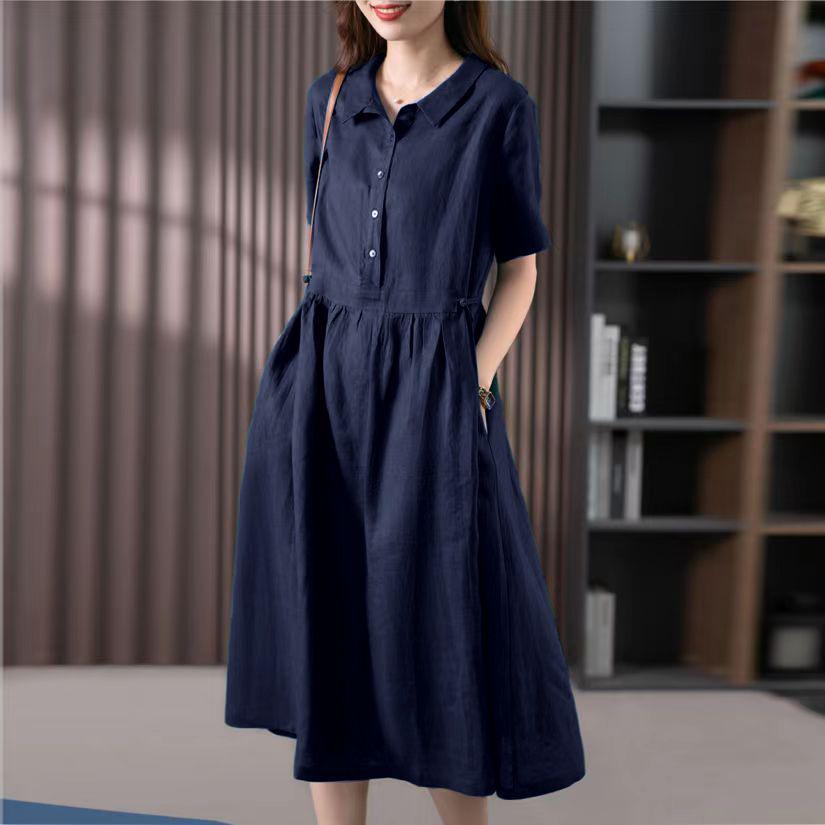 Solid Color Cotton Linen Lapel Shirt Dress - Women's Slimming Short Sleeve, Mother's Style, 2026 Fashion.