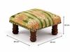Green Jungle Stripes Kantha Foot Stool - Handcrafted Cotton Ottoman with Mango Wood Legs, 40 x 40 x 22.5 cm