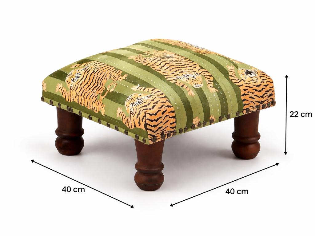 Green Jungle Stripes Kantha Foot Stool - Handcrafted Cotton Ottoman with Mango Wood Legs, 40 x 40 x 22.5 cm