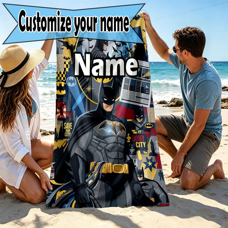 Custom Name Personalized Batman Print Beach Towel, for Trip Camping Beach Party Home Decor, Birthday Gift for Family & Friends