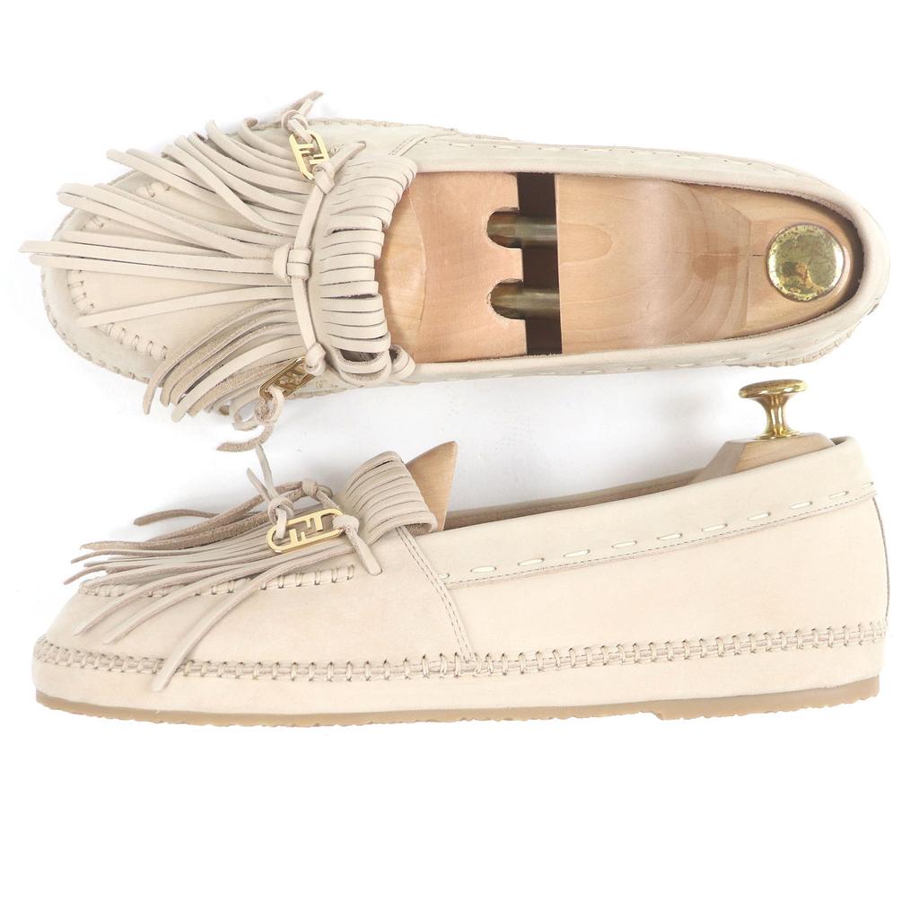 Fendi Loafers Olock FF Logo Gold Metal Fringe Beige Nubuck Leather Mens 7 7P1589 Used