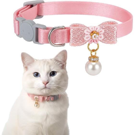 Cat Collar Breakaway, Adjustable Pink Cat Collar with Pearl Pendant, Cute Cat Collars with Safety Buckle Pink Bowtie Kitten Collars for Girl Cats