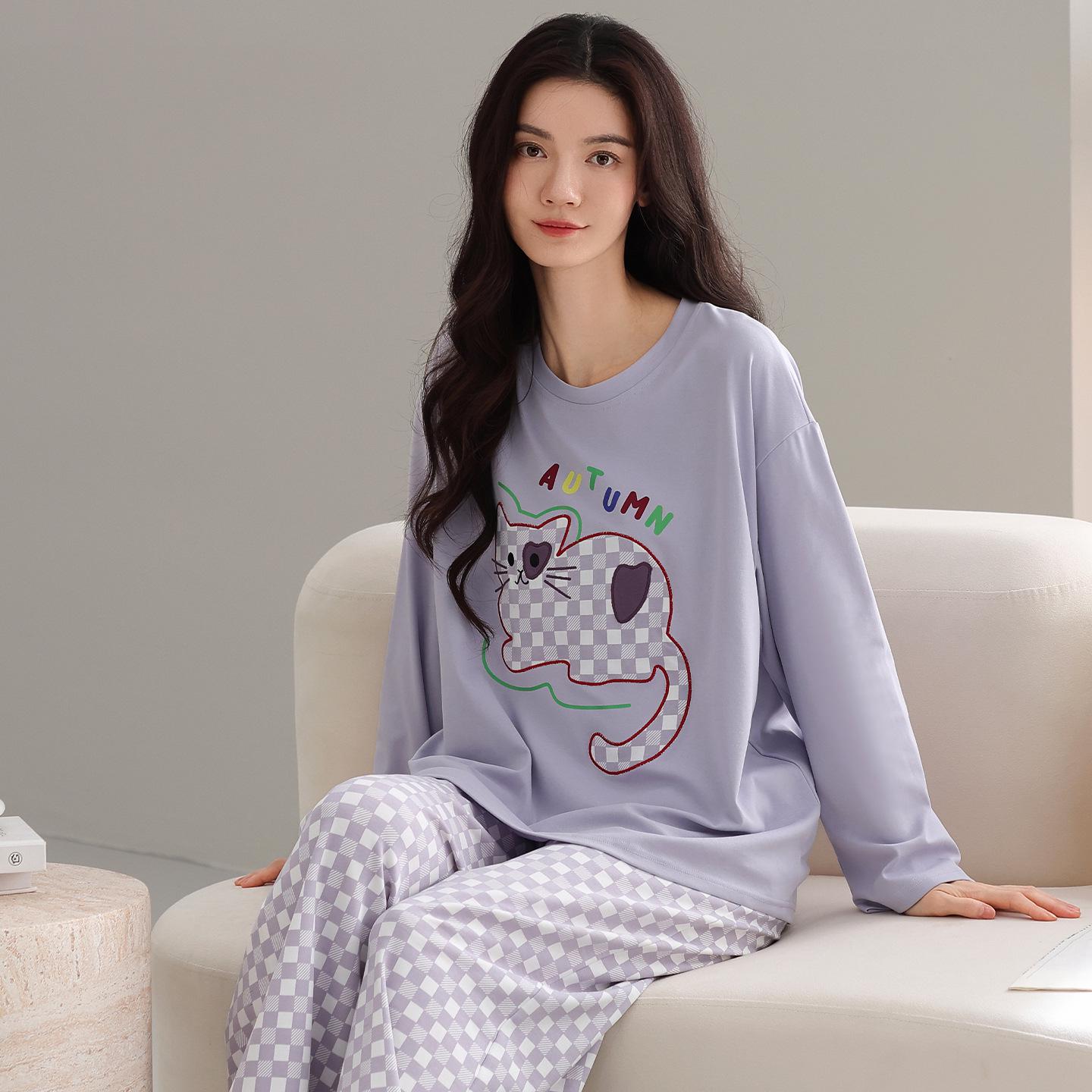 

Женский осенний хлопковый пижамный комплект: Комплект из двух предметов с длинным рукавом и мультяшным котенком для дома или улицы XL (Height 160-165 cm, Weight 120-140 lbs)
