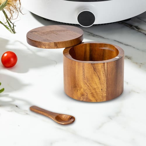 Salt Cellar Box, Wooden Salt Pot, Salt Container with Rotating Lid - Built-in Spoon Pot for Sugar, Kitchen Wooden Jar, Home Salt Cellar for Home, Cafe
