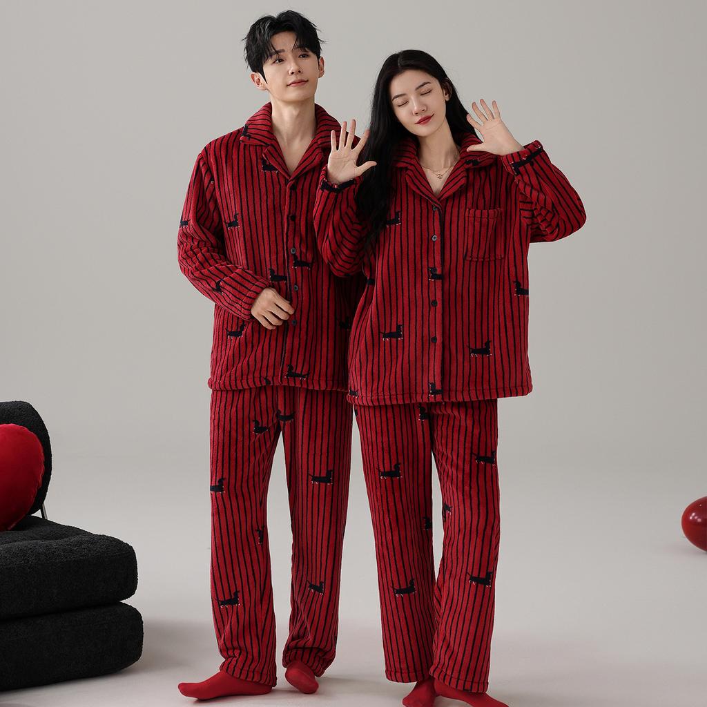Fleece Thickened Flannel Red Pajamas Wedding Couple Suit Autumn And Winter Coral Fleece Men'S And Women'S Loungewear