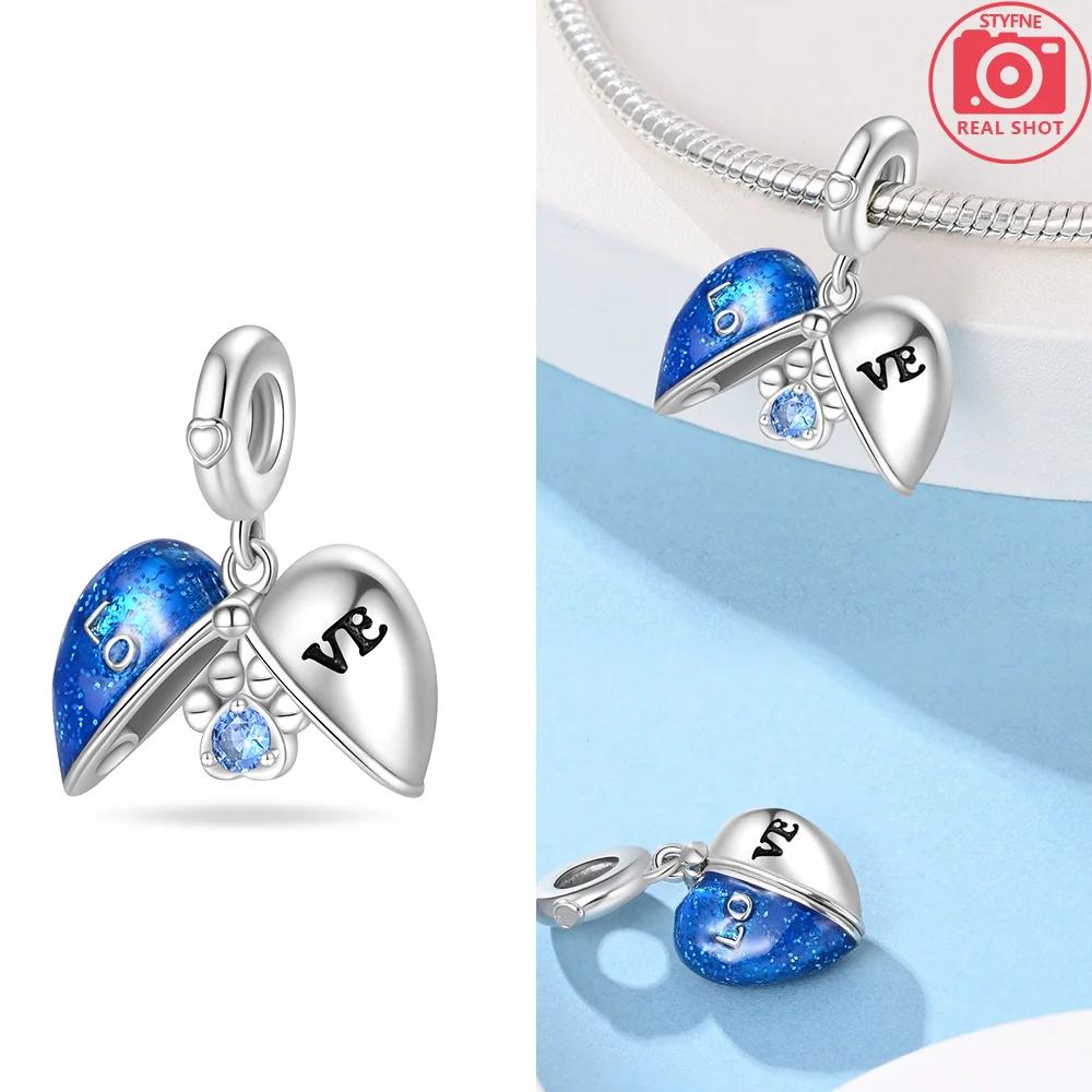 Copper Original Blue Feather Zircon Open Heart Pendant Charms Beads Fit Bracelet Women Jewelry Diy Anniversary Fine Gift