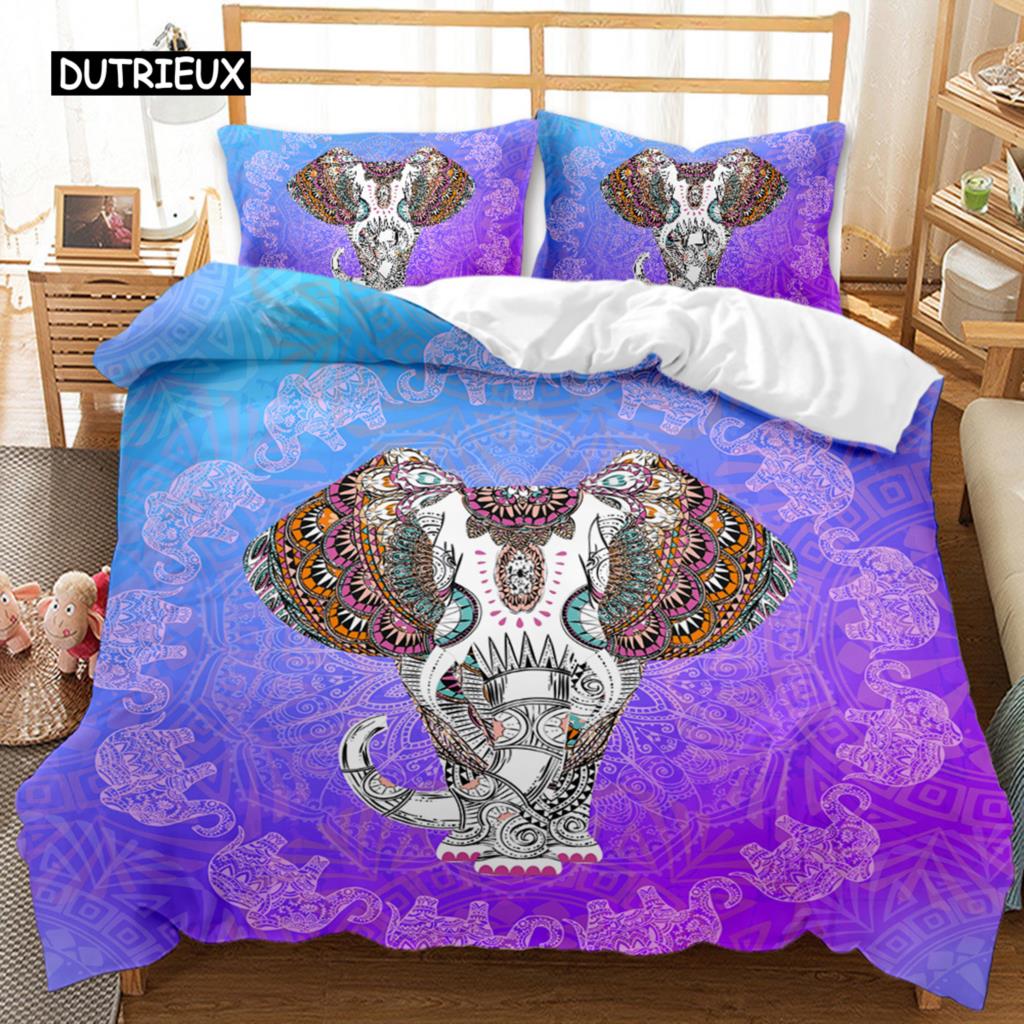 Set de husă de pilota cu elefant boem, model de mandala elefant, set de lenjerie de pat cu animale pentru adolescenți, adulți, regina rege, husă de pilota din poliester