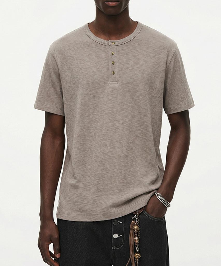 Beoteunseoul Basic Henley Neck Relaxed Slim Fit Short Sleeve T-Shirt (Dark Beige/Black)