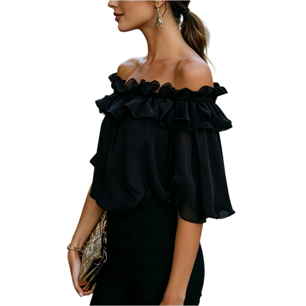 Blusa Estiva da Donna a Spalle Scoperte con Volant e Maniche Corte, Taglio Ampio Casual per Uso Quotidiano e Vacanze