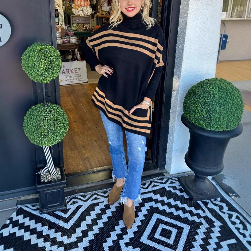 

Women s Black High Neck Striped Longline Loose Fit Sweater with Yellow Brown Accents S чорний