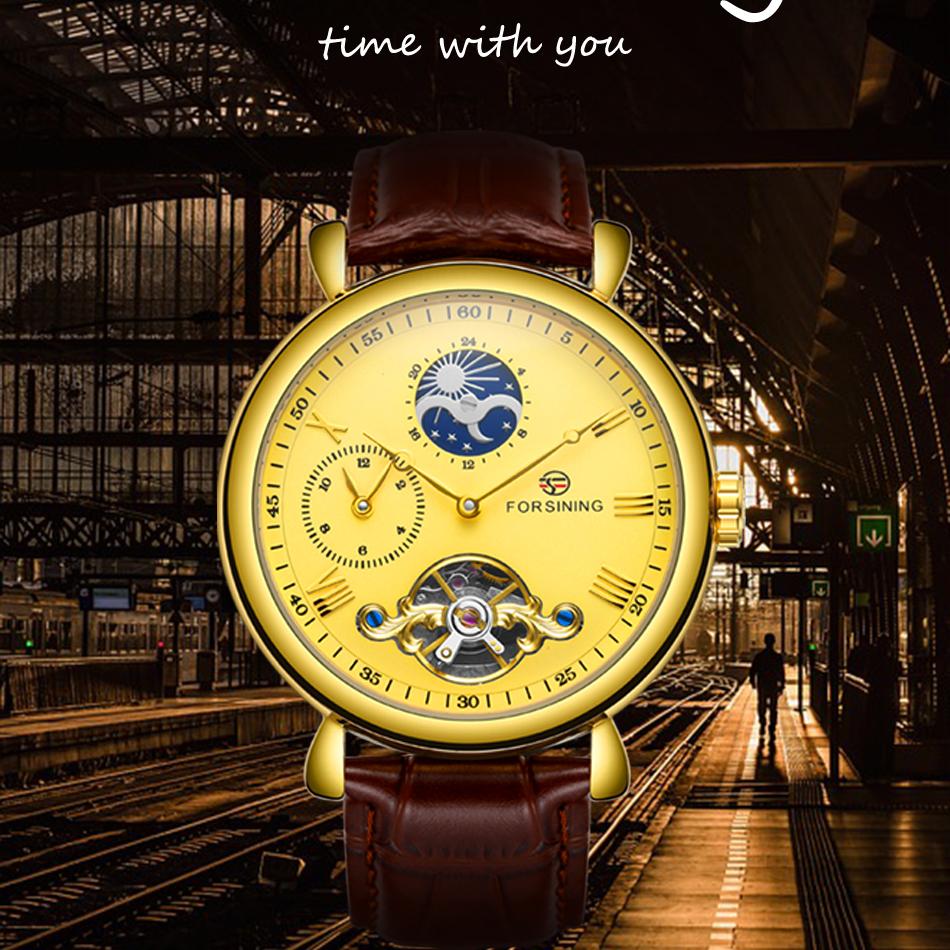 Köp FORSINING Fashion Dual Time Zone Design Automatic Mechanical Mens Watch Leather Strap Moon