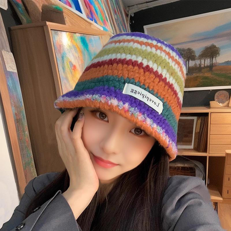 Warm and Cold Hat Versatile Wool Hat Winter Big Head Circumference Women's Face Small Colorful Striped Fisherman Hat Small Flower Pile Hat