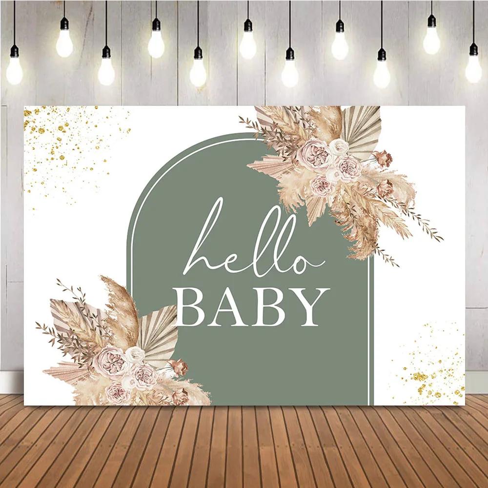 Boho Baby Shower Backdrop Pampas Grass Background for Baby Shower Theme Decoration Hello Baby Floral Boho Party Supplies