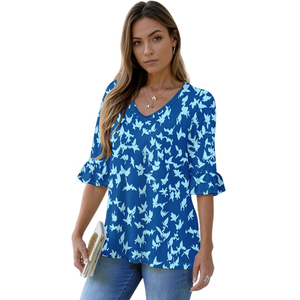 Women's Casual 3/4 Sleeve Tops V-Neck Sleeve T-Shirt Floral Print Tops
