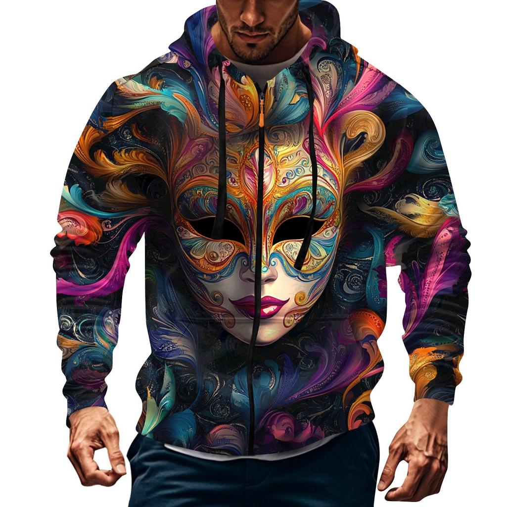 Men's Sports Casual Fleece Hoodie Carnival Print Hoodie Cardigan Zipper Multi-pocket Hoodie Coat