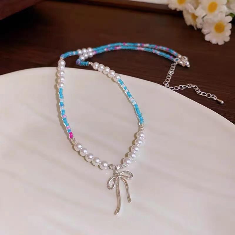 Sweet Colorful Crystal Bead Bow Necklace for Women Girls Bohemian Handmade Beads Chain Choker Necklace Fashion Jewelry Gifts