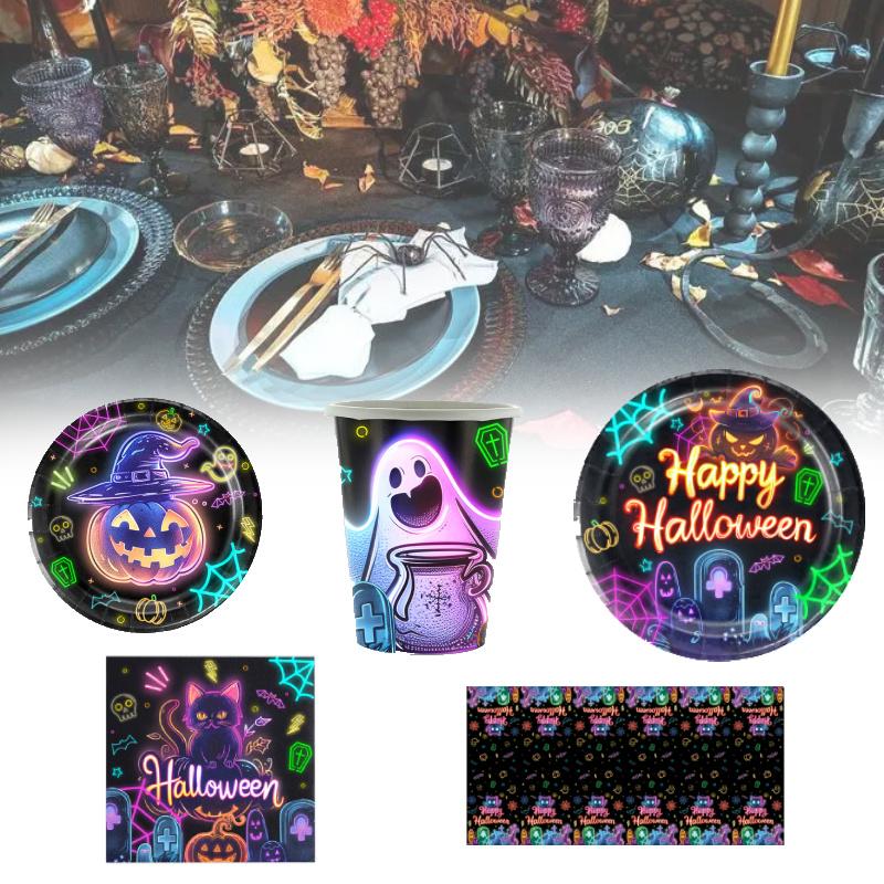 Party Halloween Tableware Set Luminous Plate Cups Napkins Tablecloth Celebration