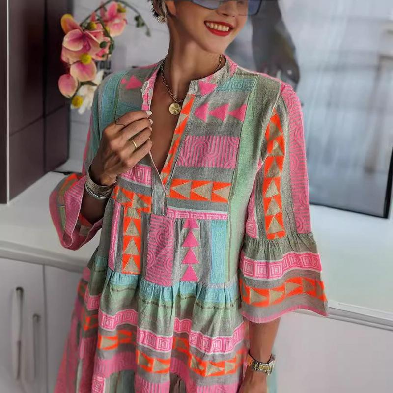 Women's Fall Vintage Print V Neck Dress, 3/4 Sleeve Loose Casual Boho Tiered Dress for Daily Wear