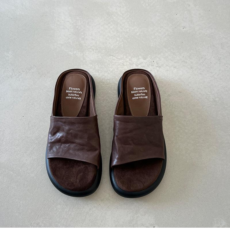 Women's French Retro Open Toe Slide Sandals Comfortable Light Luxury Summer Flat Soft Sole Thick Platform Slippers