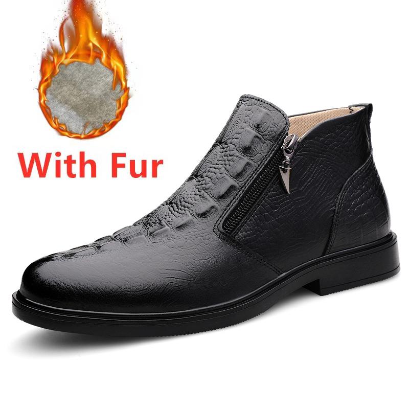 Fashion Genuine Leather Mens Chelsea Boots Crocodile Pattern Business Ankle Boats Round Toe Slip-On Mens Boots N Winter Plush Snow Shoes