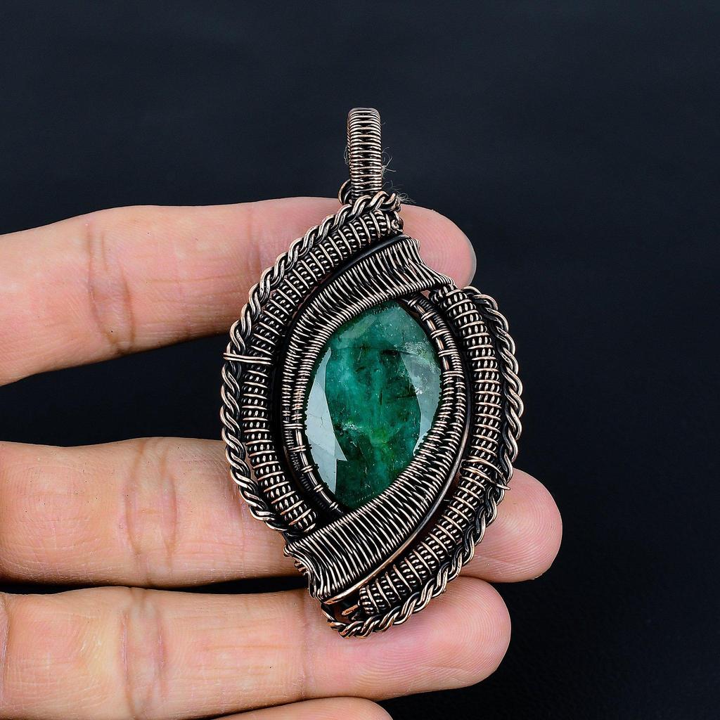 Emerald Pendant, 999 Copper Wire Wrapped Pendant Gemstone Jewelry, Handmade Pendant Amazing Jewelry, Gift For Her