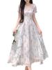 First Love Floral Chiffon Square Neck Elegant Summer Dress for Women, Plus Size, Waist-Cinched, Slimming, and Fairy Long.