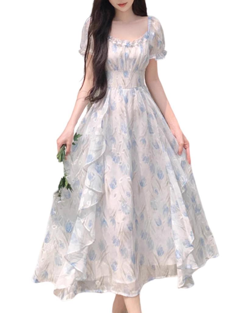 First Love Floral Chiffon Square Neck Elegant Summer Dress for Women, Plus Size, Waist-Cinched, Slimming, and Fairy Long.
