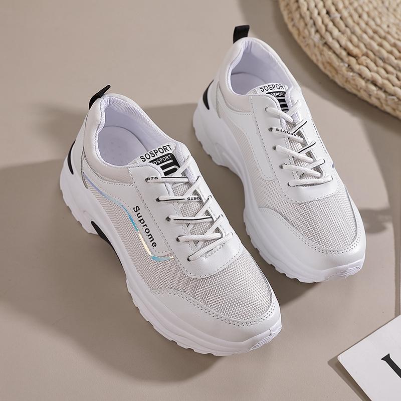 Fashion Sports Womens Single Shoes 2025 New Color Blocking Thick Soled Leather Flat Vulcanized Running Shoes Platform Sneakers