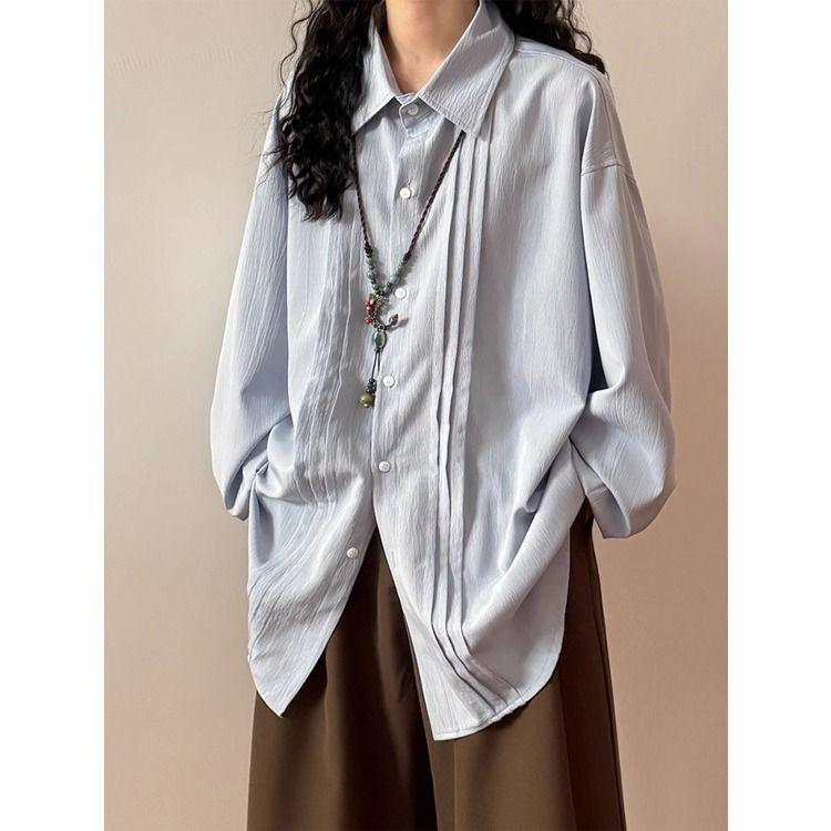 

2025 Early Autumn Women s Japanese Pleated Long Sleeve Shirt - Casual and Versatile Literary Style Top S (suggested under 100 jin) синий