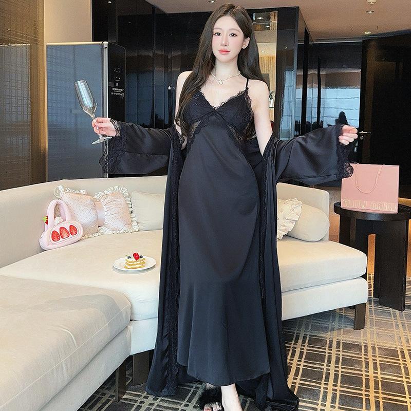 French pajamas women's summer ice silk suspender nightgown two-piece set sexy back waist thin nightgown with chest pad