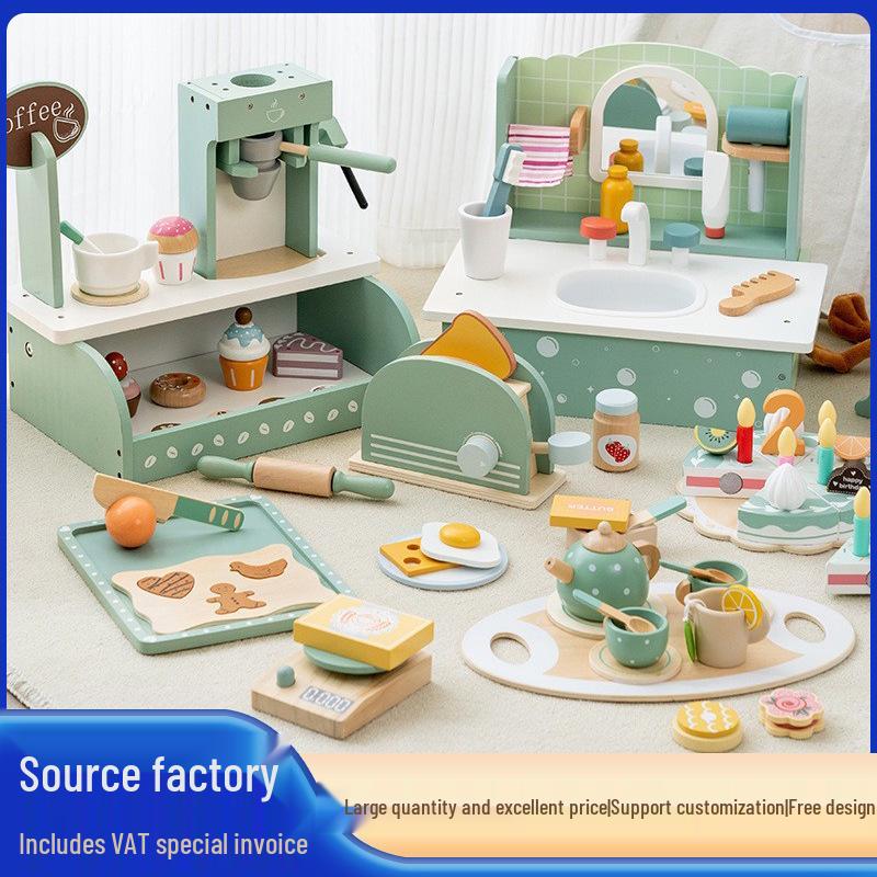 Children s Wooden Coffee Shop Playset: Role-Playing Simulation with Coffee Maker and Dessert Kiosk for Afternoon Tea Fun KABI-Bread Maker 0.7