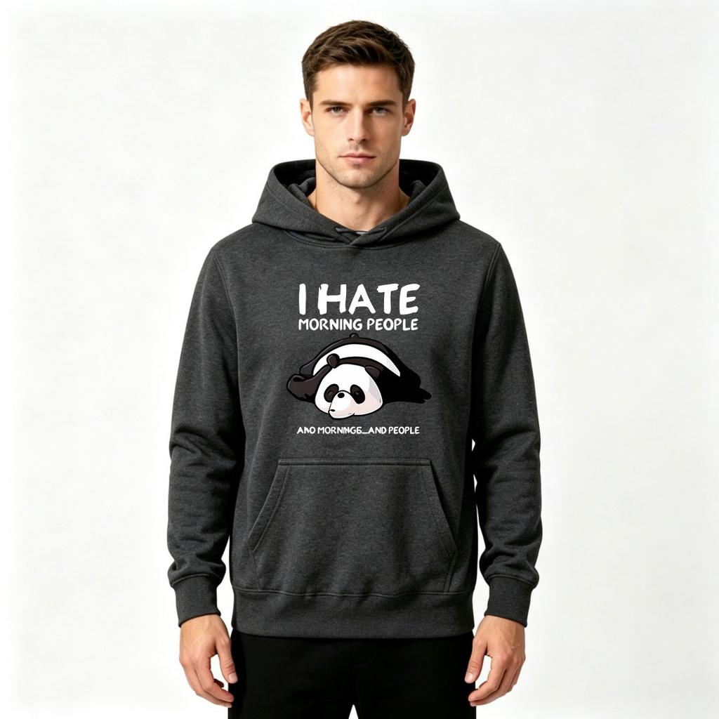 Men's Funny Sarcastic Panda Print Hoodie, I Hate Morning People Casual Long Sleeve Loose Adult Pullover Hooded Sweatshirt for Daily Wear