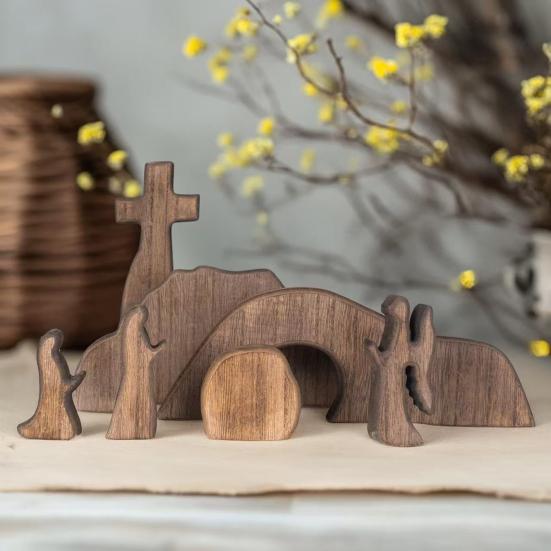 Crèche en bois représentant un tombeau vide, avec scène de la Nativité et de la Résurrection, pour la maison, le bureau ou l'église. Décoration religieuse pour Pâques.
