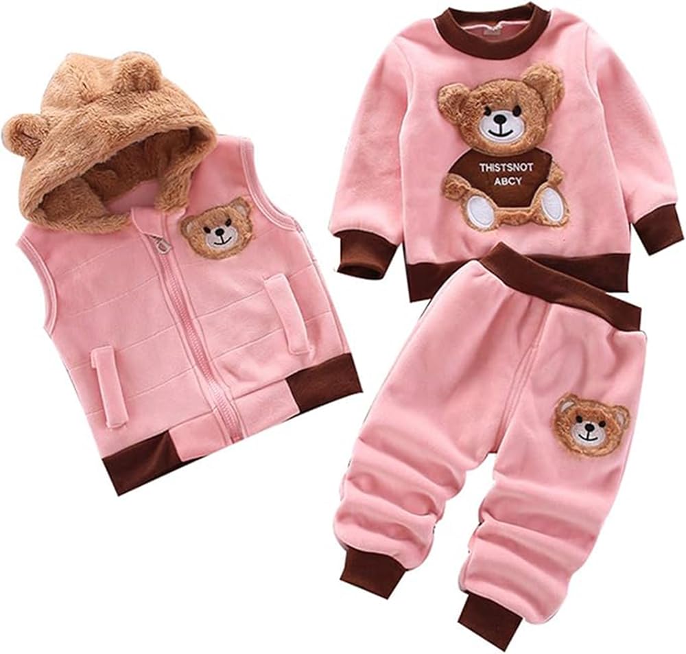 

Qian qian Комплект детской одежды с капюшоном и мишкой по возрасту, длинный, для малышей, однотонный, для тренировок, подарок, 3 предмета: толстовка, жилет, брюки, 1-3 года, домашняя одежда, розовый
