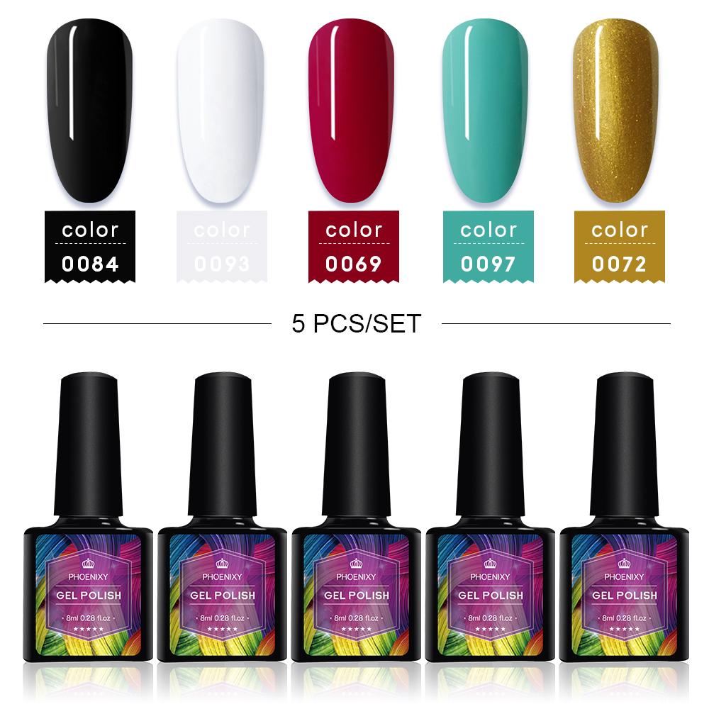 

PHOENIXY, 5 шт., набор УФ-гель-лаков для ногтей, цветная серия, светодиодный лак для ногтей, замачиваемый цветной гель-лак для дизайна ногтей A05-5A