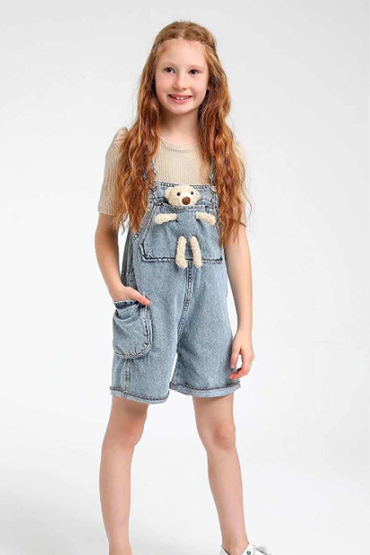 

Girl s Teddy Bear Pocket Detailed Strap Denim Overalls