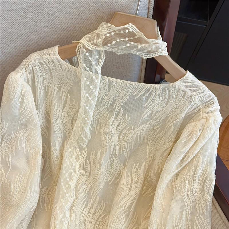 Fashion Temperament V-neck Ribbon Lace Shirt Women Long Sleeve Solid Loose Women's Blouses and Tops Vintage Slim Fit Elegant Lady Shirt Clothes 26431
