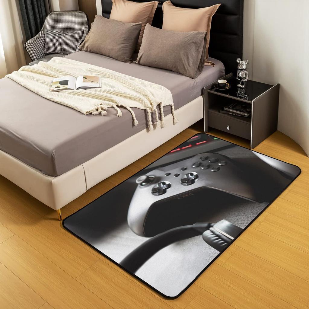 Gaming Controller Rug - Washable Video Game Carpet for Bedroom & Living Room, Black Gamer Floor Mat, Boys Game Room Decor