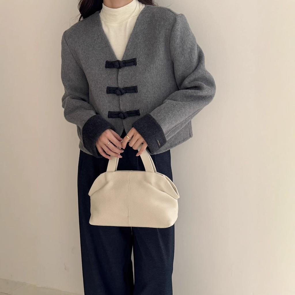 Neuer Kaschmirmantel im chinesischen Stil mit Schnalle für Damen V-Ausschnitt Retro Kontrastierendes Temperament Kurzer Wollmantel