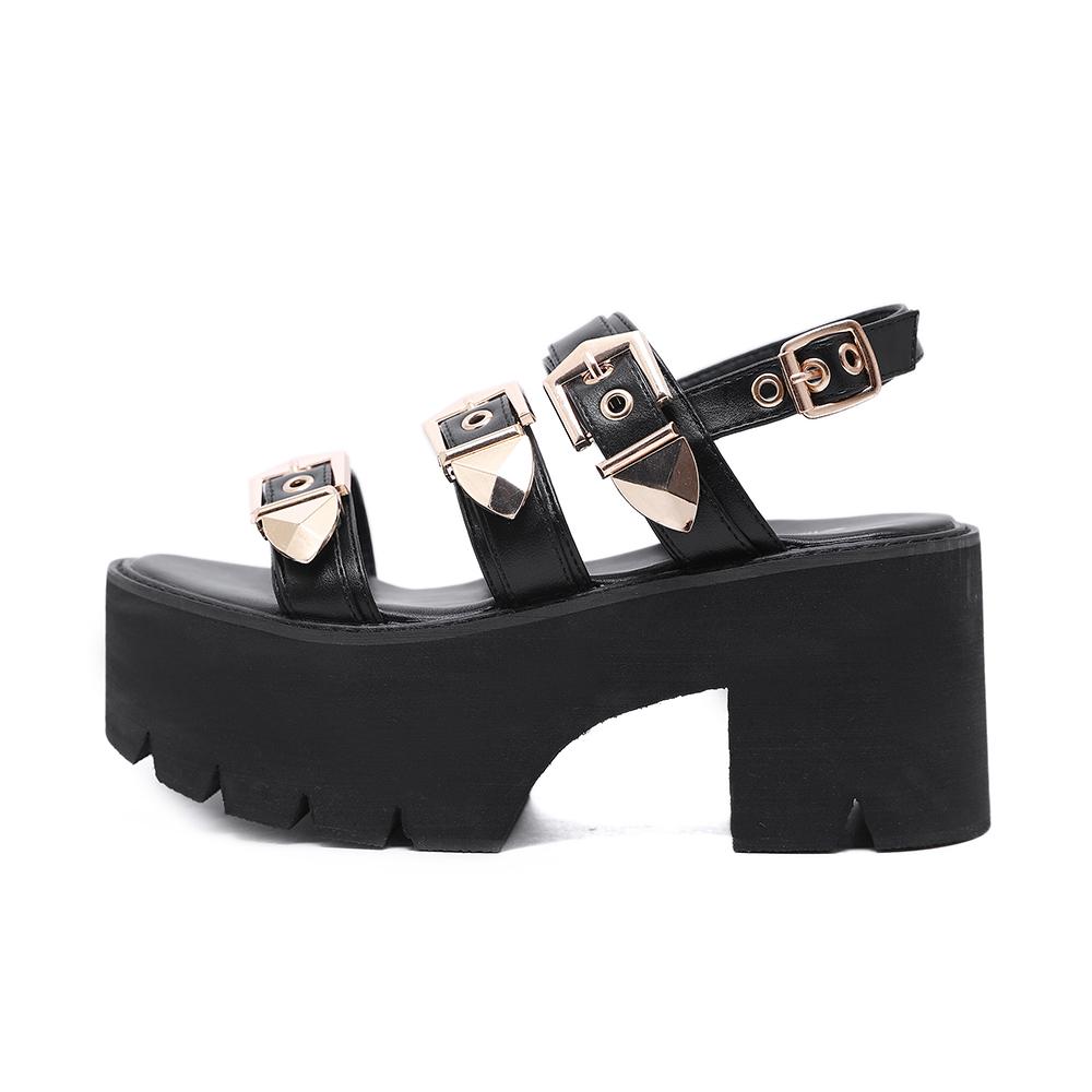 Gdgydh Seksowna złota klamra gruby obcas sandały na wysokiej platformie dla kobiet Punk Goth buty bez pleców pasek na kostkę z wystającym palcem