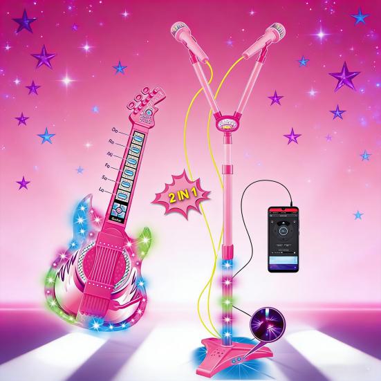 Kids Guitar Microphone Play Set Girls Pink Guitar Karaoke Machine with LED Light Music Toddlers Educational Singing Mic Musical Instrument Toy