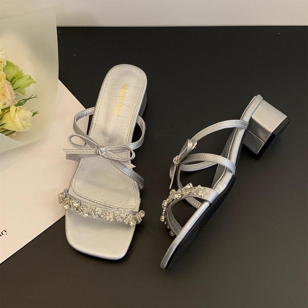 French beautiful bow rhinestone sandals women's summer wear 2025 new fairy wind gentle open-toed cool slippers