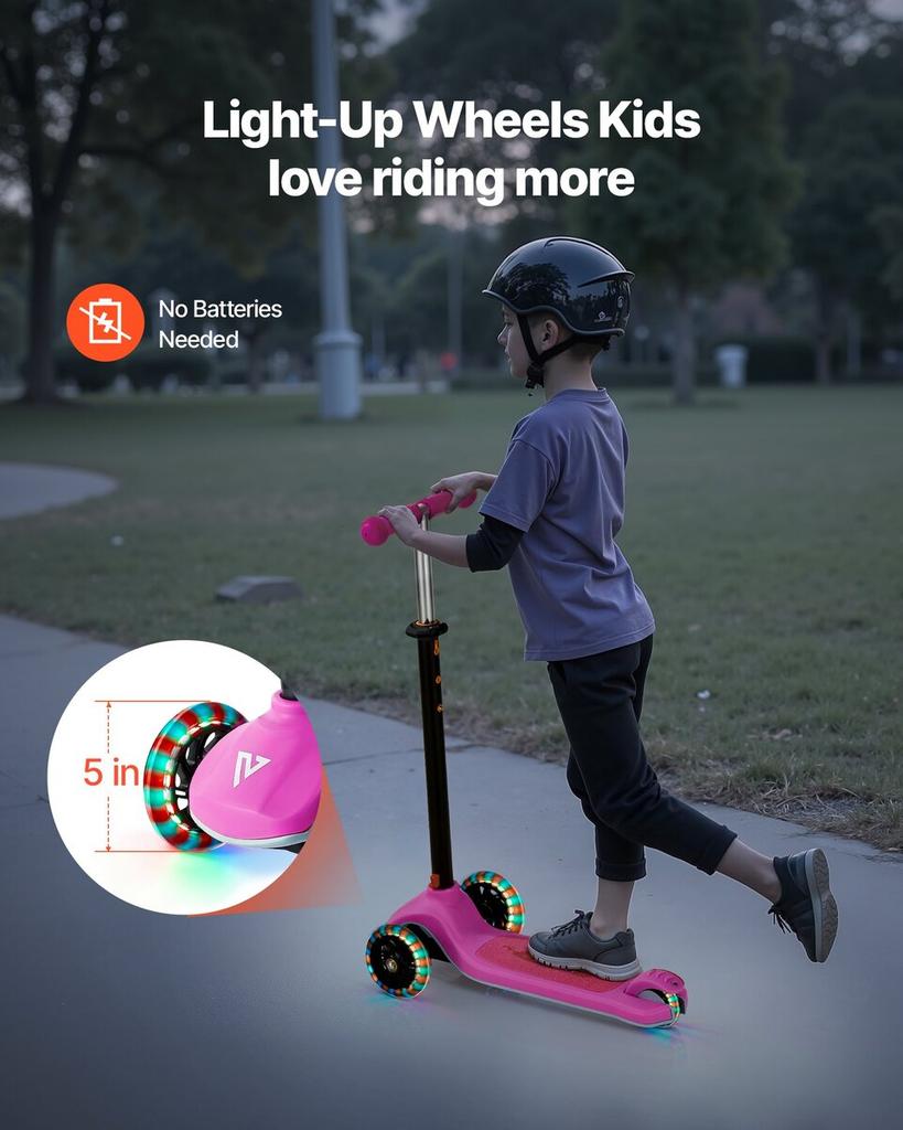 Kick Scooter for Kids Ages 3+, 3-Wheel Toddler Scooter with Light-Up Wheels, Adjustable Height Handlebar, Wide Anti-Slip Deck, Lightweight Aluminum