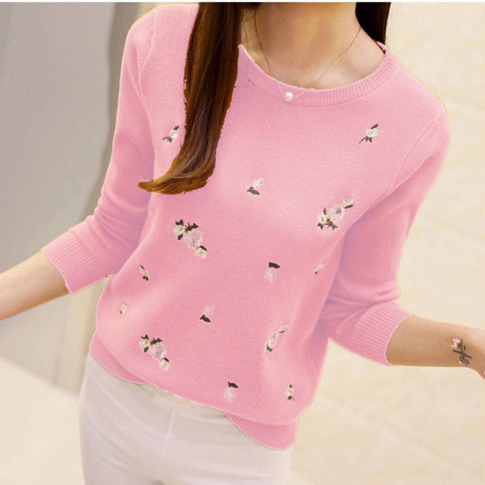 Autumn New Korean Version Slim Fit Plum Blossom Embroidery Round Neck Base Knitted Sweater Long Sleeved Women's Pullover Sweater Winter